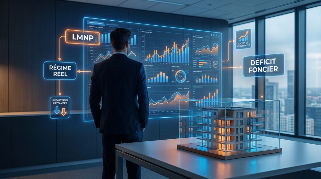Homme face à un écran holographique de données financières immobilières (LMNP, Régime Réel, Déficit Foncier), avec maquette d'immeuble. Couleurs bleu et orange.