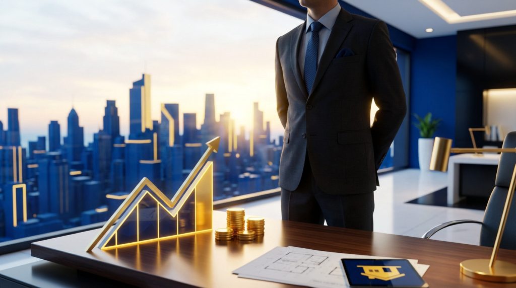 Professional in a modern office, gazing at a blue and gold cityscape at dawn. Golden upward graph and coins symbolize real estate success.