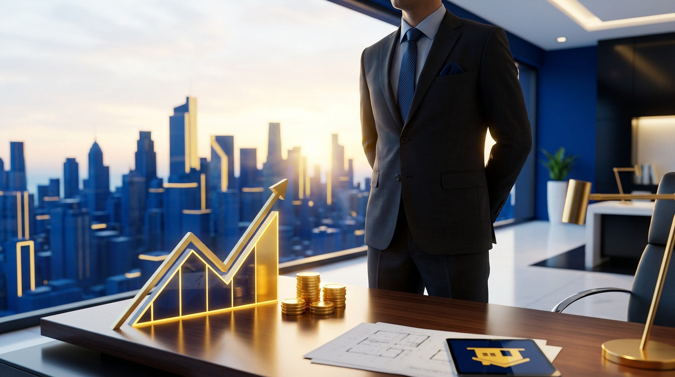 Professional in a modern office, gazing at a blue and gold cityscape at dawn. Golden upward graph and coins symbolize real estate success.