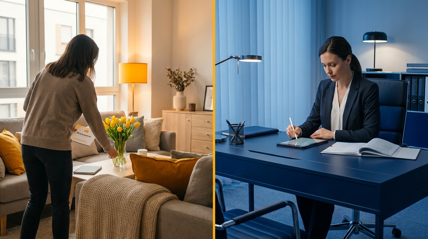 Comparaison visuelle entre le travail sur le terrain d'une conciergerie et le travail administratif d'une agence.